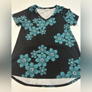 Lularoe Medium Floral V-Neck Women Top - Black and Teal